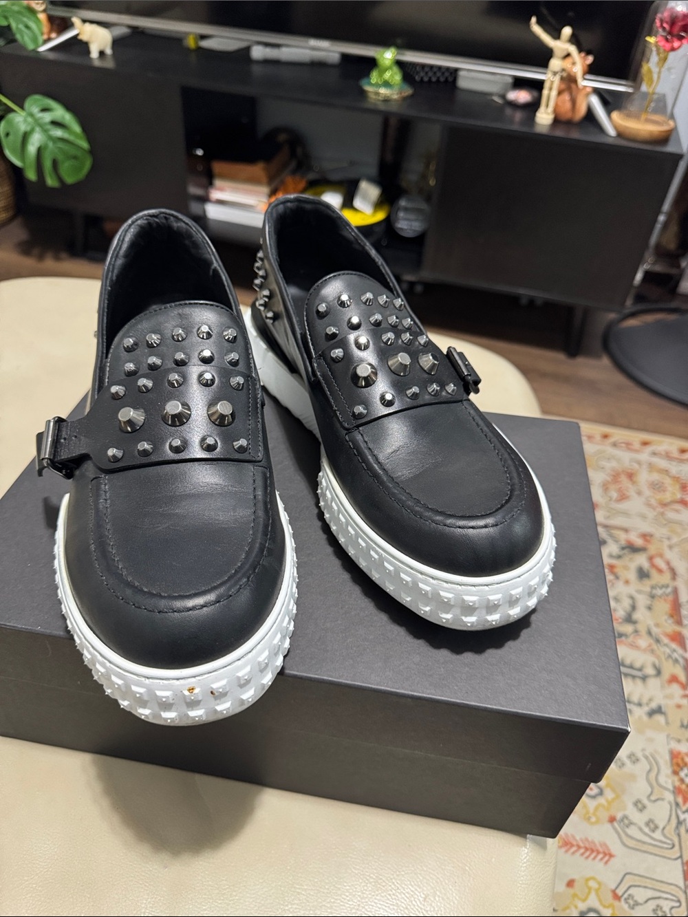 Black Studded Leather Slip-On Sneakers with White Lug Sole - Men - Picture 2 of 7
